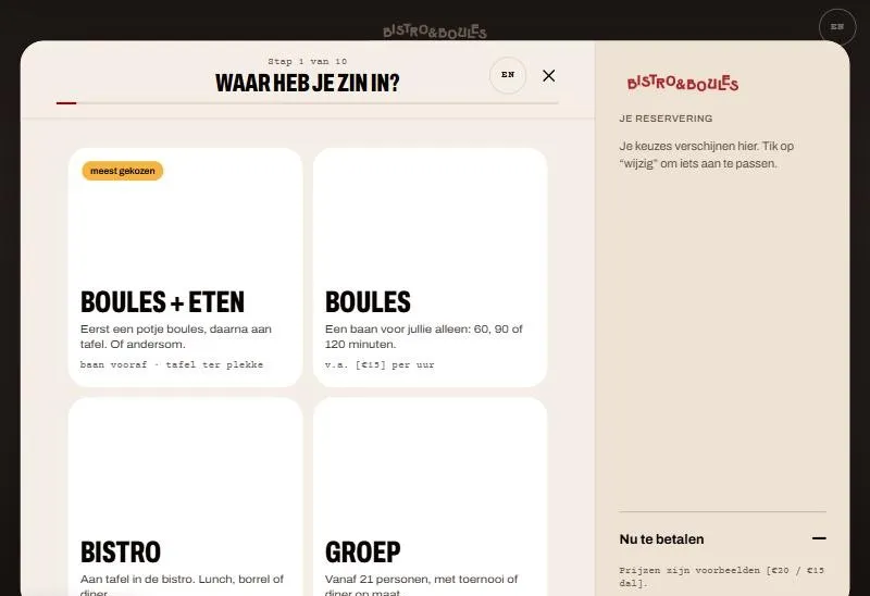 The booking flow opens as a panel, with a running summary on the right.