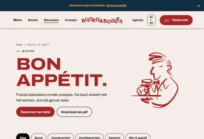The menu as real text on the site, with allergens. No PDF.