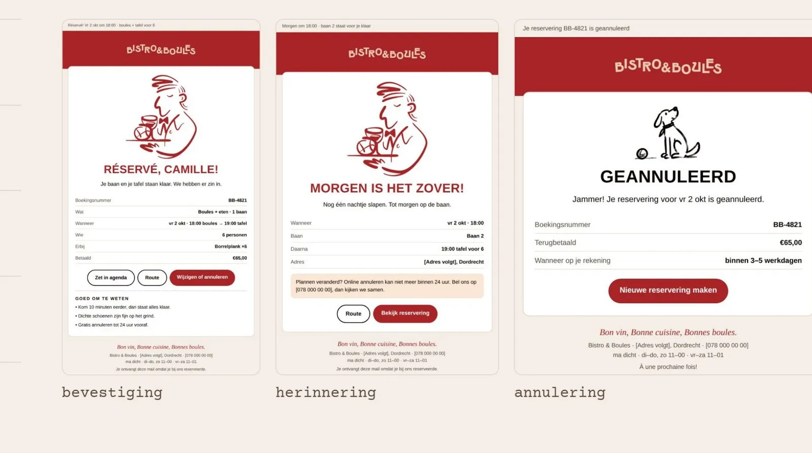 The emails guests receive, on brand and readable in Gmail, Apple Mail and Outlook.