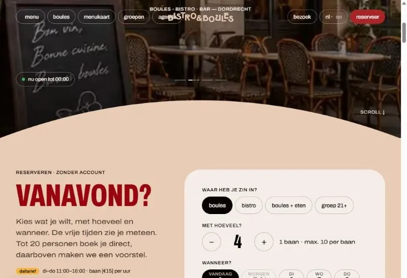 Bistro & Boules — Website and a separate booking system with staff screen