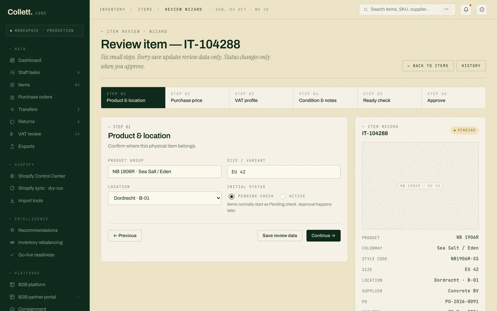 The six-step review wizard. Saving doesn’t change status.