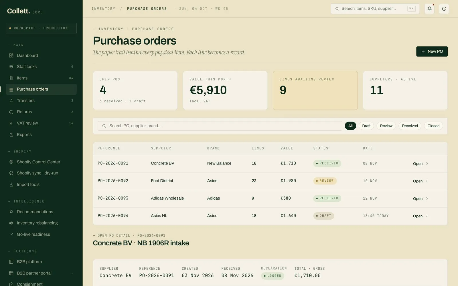 Purchase orders with lines and a printable declaration.