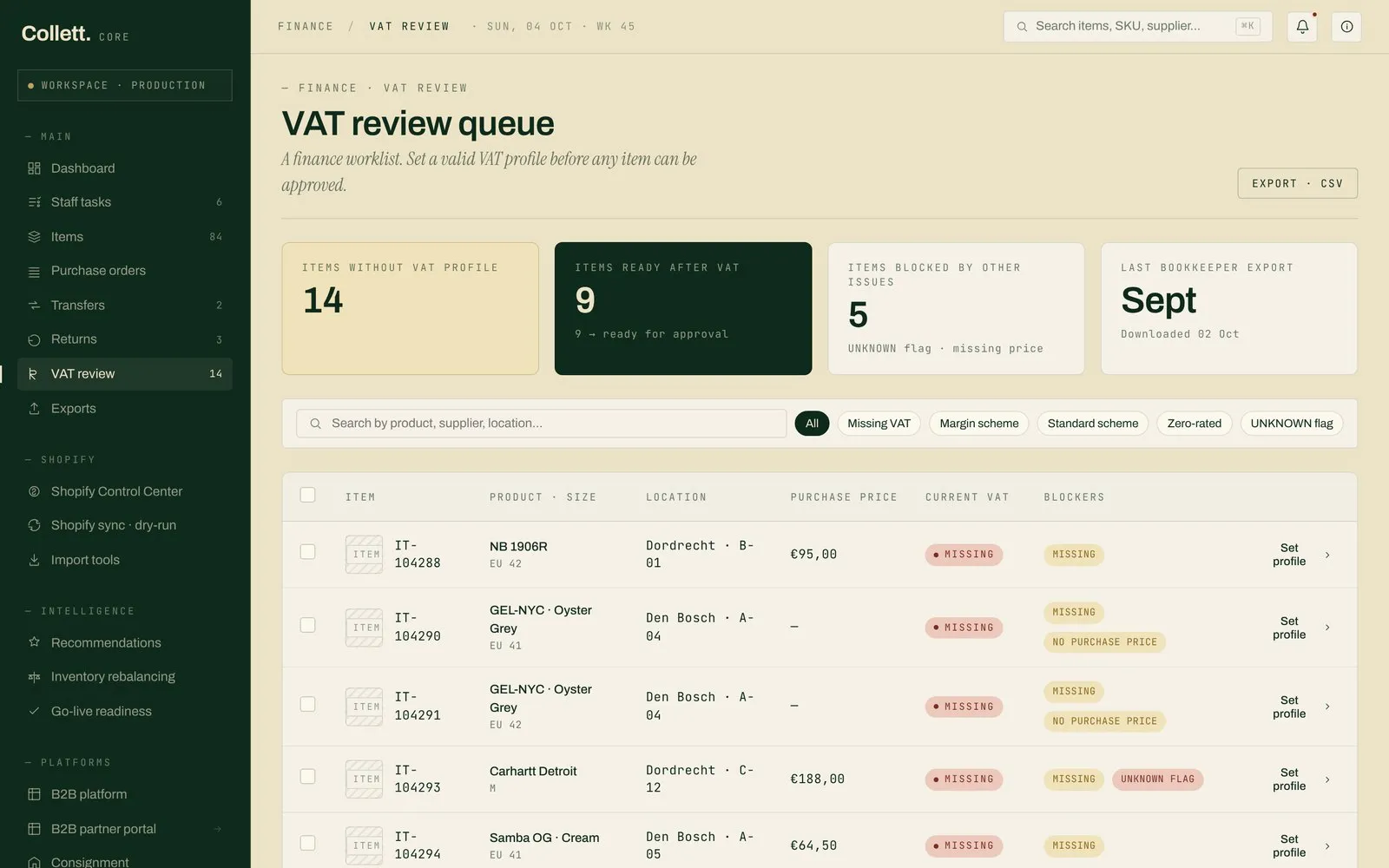 VAT review: a finance worklist with blockers per item.