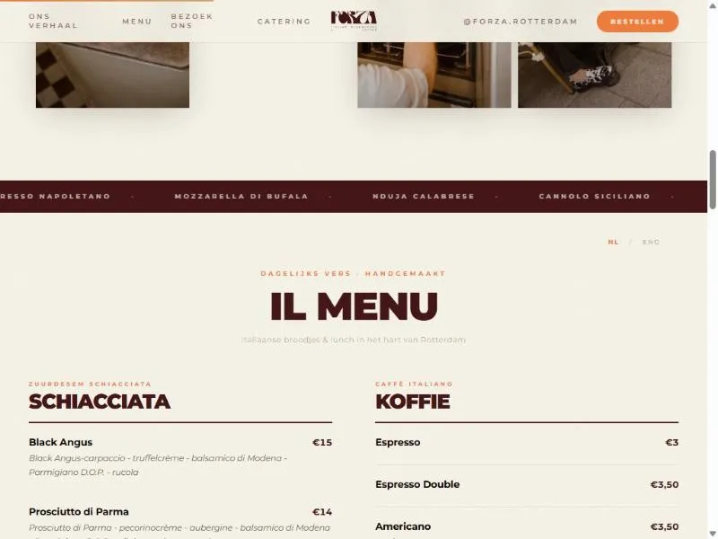 Il Menu: the twelve schiacciatas as real text, with an NL/ENG switch.